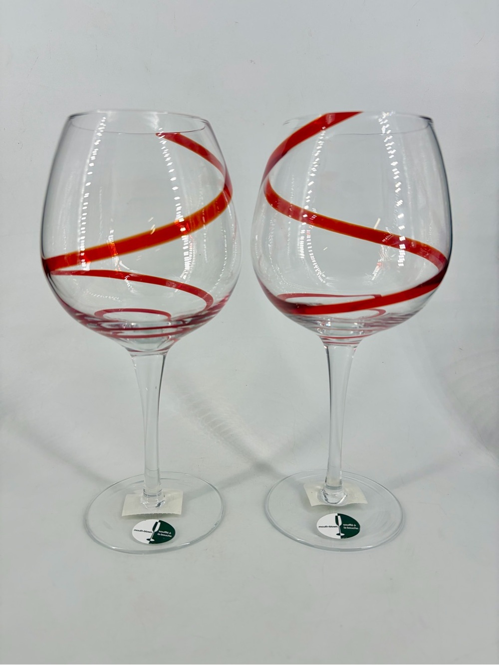 Pier 1 RED SWIRL Set of 2 Wine Water Goblet 16 oz Hand Blown Glasses NEW!